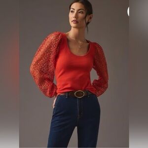 Anthropologie Maeve Orange Lace Bubble Sleeve Top – Size XS